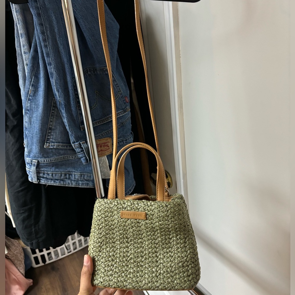 Nine West Olive Woven Mini Bag with Tan Straps